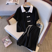 雅洛诗大码女装2022夏装新胖mm时尚显瘦拼色松紧腰短裤两件套套装