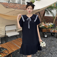 雅洛诗大码女装2022夏装微胖妹妹时尚**领甜美蝴蝶结折皱连衣裙