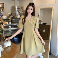 雅洛诗大码女装2022夏装胖妹妹时尚法式复古显瘦蕾丝边收腰连衣裙