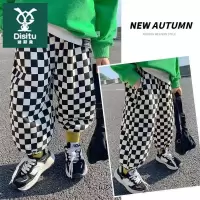 迪斯兔儿童裤子2022新款春秋男女童棋盘格子休闲裤女童时髦束脚裤