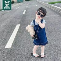 迪斯兔女童牛仔套装2022夏季新款吊带裙小女孩短袖上衣宝宝背带裙
