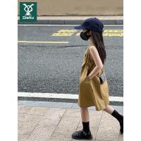 迪斯兔女孩2022年夏季新款气质无袖女童卡其色纯色背心连衣裙纯棉