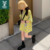 女童t恤裙2022新款夏季儿童中长款宽松短袖上衣格子网红公主裙潮