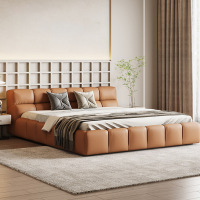 抖鹰 现代轻奢真皮床极简风格双人主卧婚床奶油风设计师款泡芙床