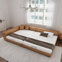 抖鹰 意式极简二胎亲子床三人家庭真皮床组合拼接大榻榻米软床客厅简约现代网红亲子床组合