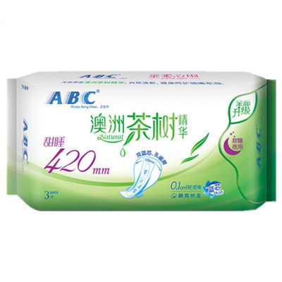 ABC卫生巾超长甜睡夜用棉柔茶树精华卫生巾420mm*3片K89