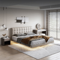 鲲居 悬浮床极简意式轻奢真皮床双人床主卧带感应灯带现代简约网红大床