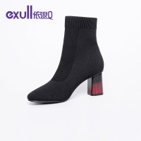 依思q短靴女新款高跟透气靴子粗跟马丁靴女针织面透气过度靴