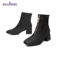 依思q新款百搭粗跟方头弹力靴女短筒拉链女靴子秋冬款加绒保暖