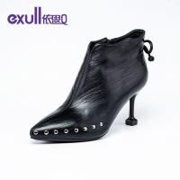 依思q新款时尚铆钉高跟鞋裸靴网红尖头细跟女短靴19171050