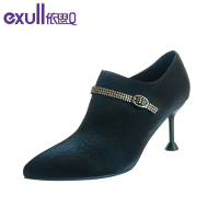 依思q尖头高跟鞋秋冬季裸靴优雅女鞋水钻装饰细高跟