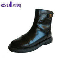 依思q皮面短靴低跟女靴子秋冬季