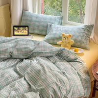 ins全棉水洗棉韩系格子四件套纯棉学生宿舍三件套床上用品床笠款