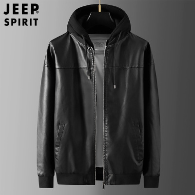 JEEP SPIRIT吉普男士皮衣春秋季连帽水洗皮外套休闲帅气棒球夹克.