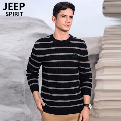 Jeep spirit吉普男士圆领毛衣百搭冬季新款纯棉针织上衣服宽松间色条纹潮款