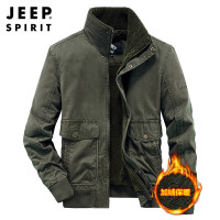 JEEP SPIRIT冬季拉链棉绿色袋盖挖袋青年合体型纯色加绒休闲棉服