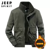 JEEP SPIRIT冬季拉链棉绿色袋盖挖袋青年合体型纯色加绒休闲棉服