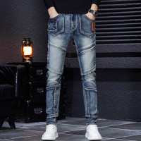 JEEP SPIRIT男士牛仔裤2024新款高端蓝色修身显瘦个性拼接小直筒长裤潮男裤子