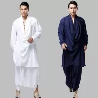 举翼王子棉麻套装太及服禅茶服套装修身长款中国风男装