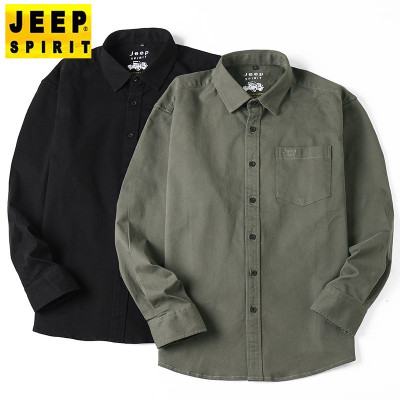 jeep SPIRIT秋冬棉衬衫男长袖有口袋宽松正装男衬衣短袖军绿色大码