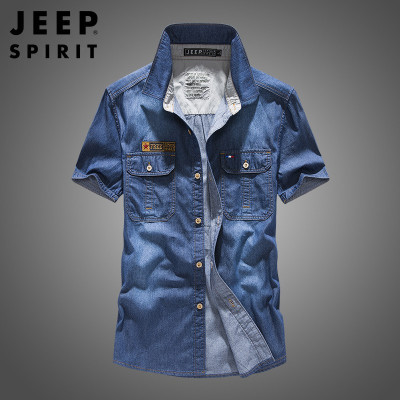 JEEP SPIRIT夏季短袖衬衫男休闲潮流纯棉牛仔短袖衬衫衬衣