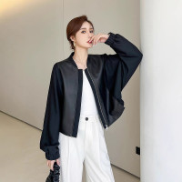 时尚醋酯蝙蝠袖新款春秋休闲绵羊皮真皮皮衣女短款小立领外套