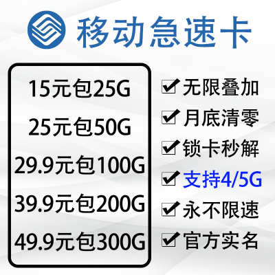 中国移动无限流量卡5g纯流量卡4g电话卡0月租不限速全国通用不限软件