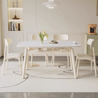 俊屹白色奶油风铝合金纯白岩板餐桌椅组合现代简约小户型长方形吃饭桌