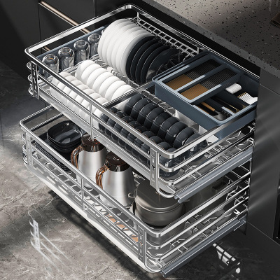 尔沫厨房拉篮橱柜双层调味碗盘蓝304不锈钢碗碟柜厨房收纳篮阻尼滑轨抽屉式碗碟篮碗柜