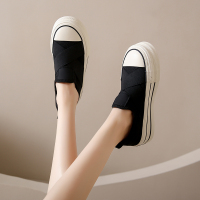 佳曼莎鞋子女2023新款夏季一脚蹬帆布鞋厚底百搭内增高休闲运动黑色板鞋