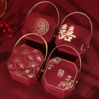 绘音手提式结婚八角喜糖盒子婚礼糖果盒喜糖袋中式伴手礼回礼空盒批发