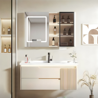 欧意(OUYI)奶油风浴室柜组合陶瓷一体盆卫生间洗漱智能镜柜2023新款