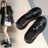 2023秋季新款亮面小皮鞋女ins潮厚底增高系带复古学院英伦风