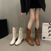 戈佳妮粗跟复古纯色棕色V口长靴女2023秋冬中筒骑士靴