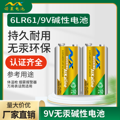 诺星6LR61碱性9V电池适用于智能马桶测温枪万用表无线话筒麦克风音响体温枪玩具电吉他通用大容量恒压耐用9伏方块电池