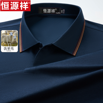 恒源祥男士长袖t恤纯色翻领含羊毛polo衫休闲商务爸爸装上衣体桖
