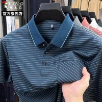 啄木鸟冰丝短袖t恤男士夏季薄款条纹翻领口袋款爸爸装polo衫上衣C