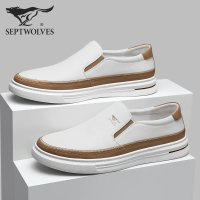七匹狼休闲男鞋2023秋季新款真皮一脚蹬皮鞋男白色懒人豆豆休闲鞋