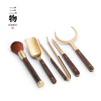 南山先生 五福茶具茶道零配件纯铜实木茶夹茶勺茶刀养壶笔杯托五件套
