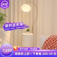2023新款长虹照明奶油粉羽毛落地灯卧室床头柜台灯一体置物架客厅沙发旁智能氛围灯
