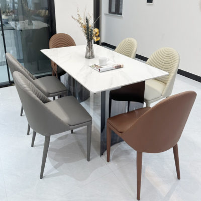 现代简约极简餐桌椅组合亮光岩板长方形时尚家用饭桌餐桌不锈钢耐磨