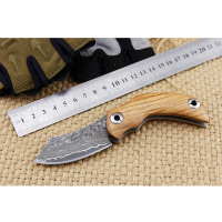 大马士革刀户外野营随身折叠刀收藏礼品小折刀小刀具大马士革橄榄木柄折刀 野营求生刀具 拆快递刀