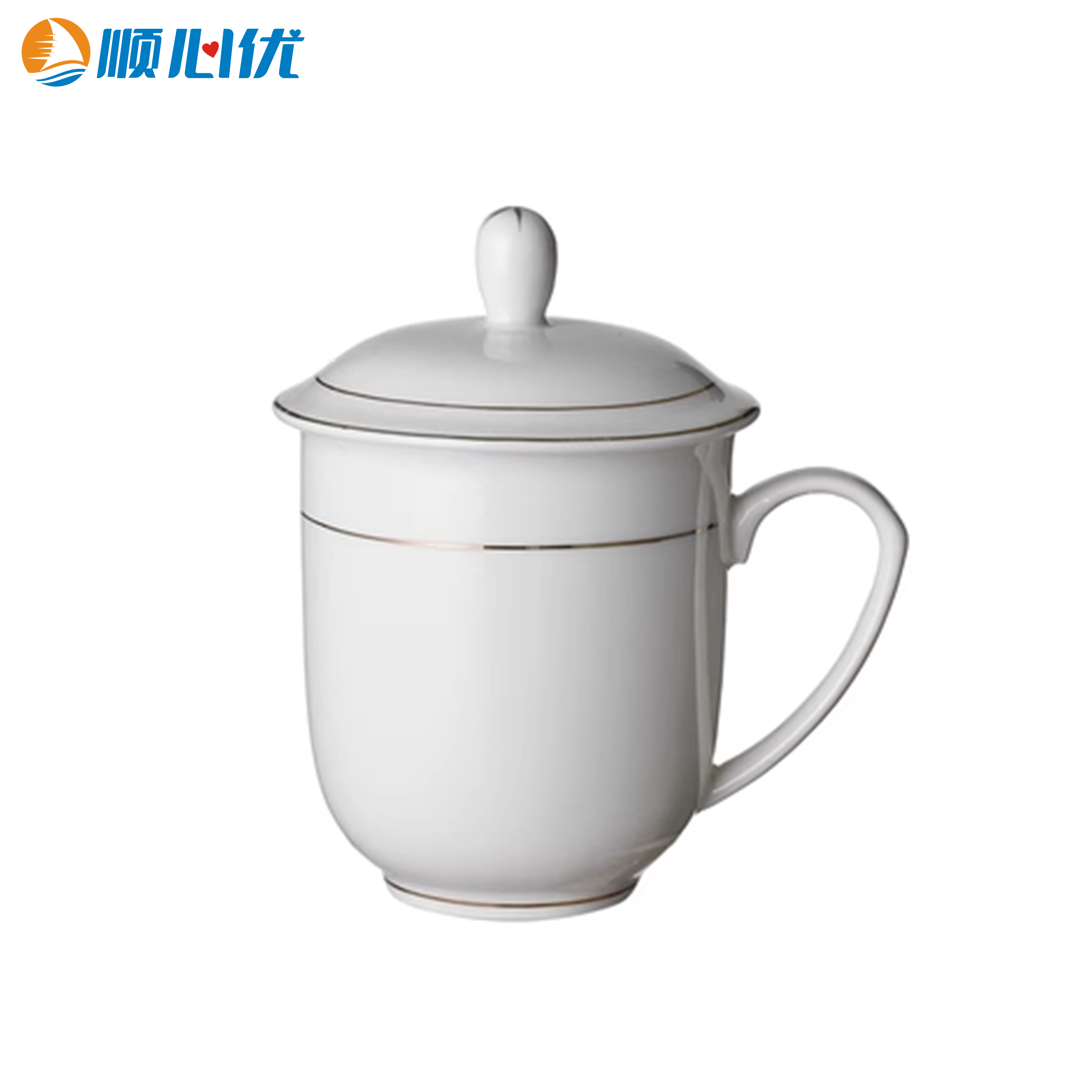 顺心优 陶瓷带盖金边东南海茶杯 400ml/个