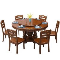 博林创实木餐桌1.3米至1.8米手动转盘桌单位食堂实木餐桌餐椅(高75cm)/套1.5M(+6餐椅)送转盘