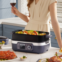 宜盾普多功能锅家用多用途锅料理锅电蒸锅电火锅烤肉蒸煮5L大容量煎烤涮一体EDC-ZG2 [标配主机-暮蓝灰]