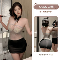 九里晴川拼色连衣裙性感风挂脖抹胸透肤蕾丝露背网纱透视情趣睡裙 九里晴川Q0122[拼接连衣裙-黑灰] 均码