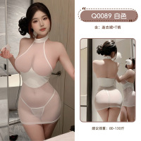 九里晴川性感透视质感透明制服紧身裙透视装小短裙OL诱惑免脱套装 九里晴川Q0089[透视PU连衣裙-白] 均码