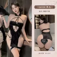 九里晴川Q0104丝绒镂空挂脖蜘蛛旗袍免脱性感诱惑高腰开叉连衣裙 九里晴川Q0104[丝绒连衣裙] 均码