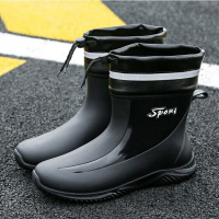 防水鞋男士款雨鞋时尚短筒加厚保暖胶鞋工作防滑短款雨鞋 黑色束口