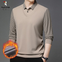 啄木鸟假两件长袖t恤男士秋冬新款加绒衬衫领上衣休闲打底衫男款